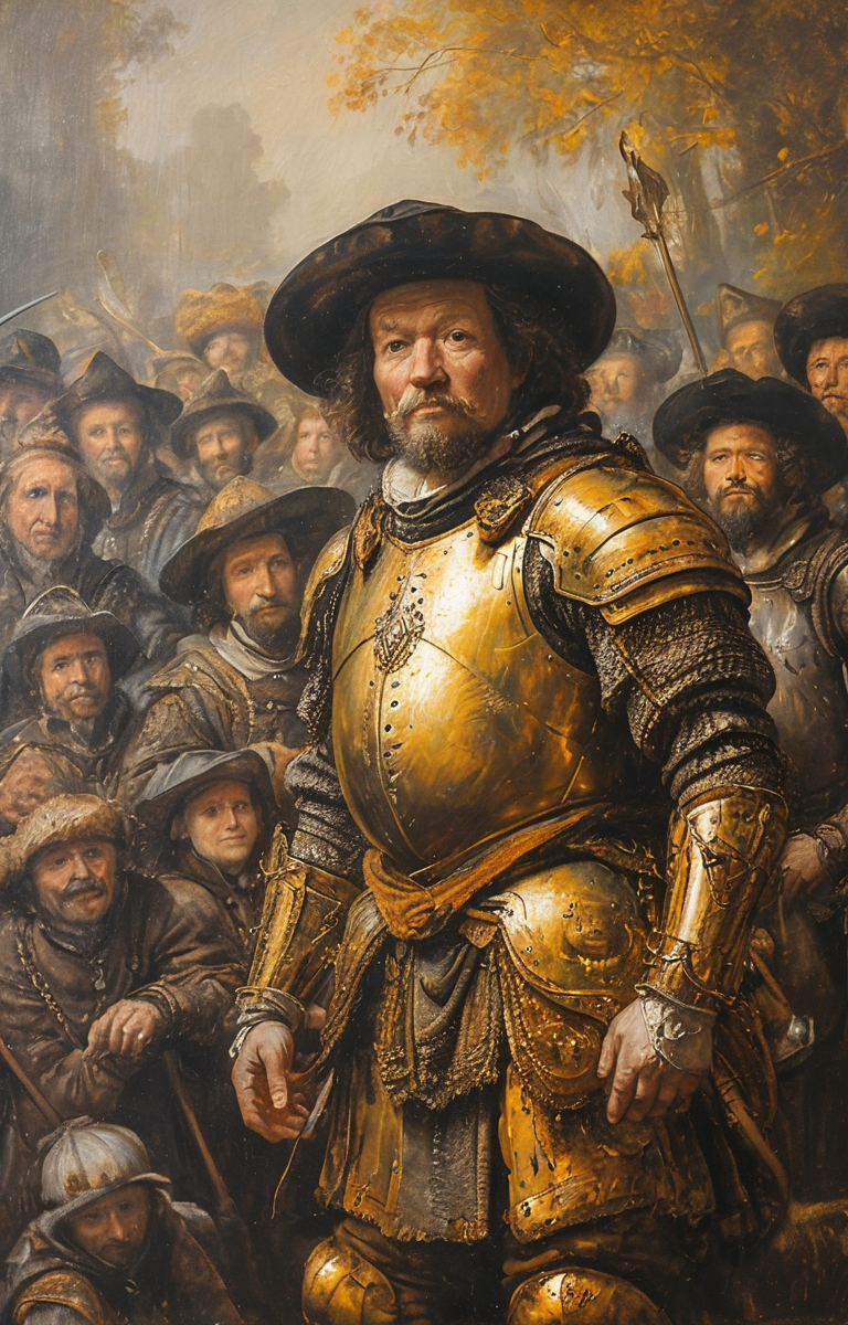 07990-1604656634-masterpiece,best quality,_lora_tbh135-sdxl_0.85_,Knights in Golden Armor,illustration,style of Rembrandt,oil painting,.png